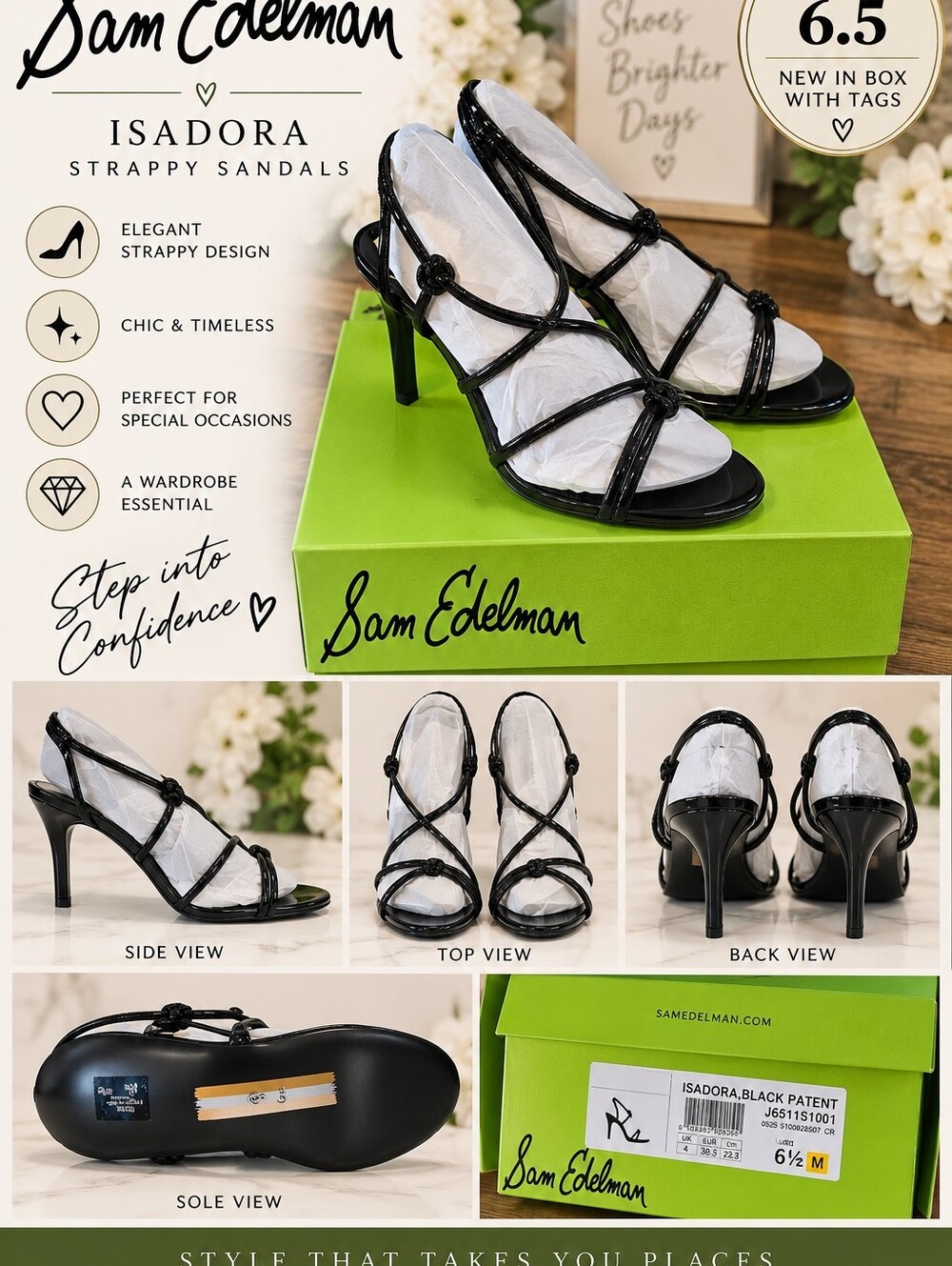 NIB Sam Edelman Black Patent Strappy Knot Heels